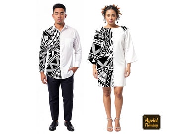 Polynesian clothing couple outfit - Hawaiian dresses bell sleeve - Black white Hawaiian shirt long sleeves