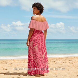 Floral Polynesian Off Shoulder Maxi Dress, Shades Of Pink Hula Dancing & Wedding Guest Long Outfit, Tropical Luau Party Attire for Women