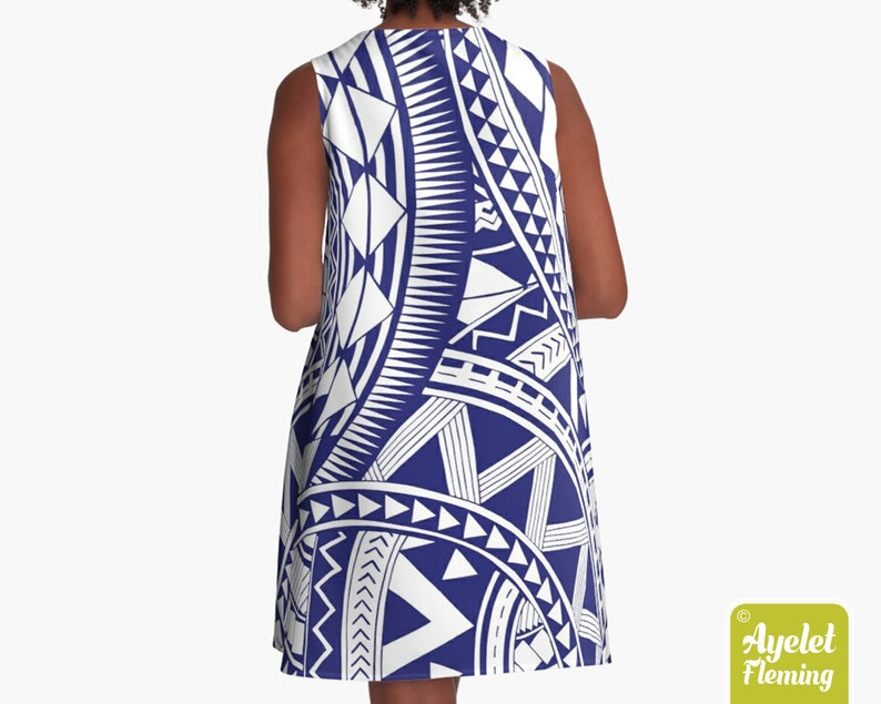 Polynesian Dress Samoan Hawaiian Dress Women Navy Blue White Tiki Dress