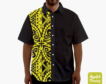 Polynesian shirt - Samoan shirt - Hawaiian shirt men - Black yellow button up shirt men - Size XS-5XL