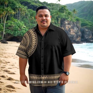 May include: A black button-up shirt with a gold Polynesian-inspired pattern on the left side of the shirt. The shirt has short sleeves and a relaxed fit.
