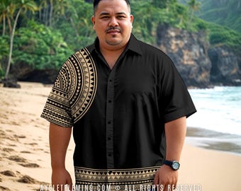 Men's Short Sleeve Button Down Samoan Tribal Bowling Shirt, Black Tan Polynesian Tattoo Outfit for Best Man, Groom & Graduation