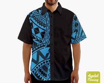 Hawaiian shirt men - Polynesian shirt - Samoan shirt - Black cyan button up shirt men design on sleeve - Size XS-5XL