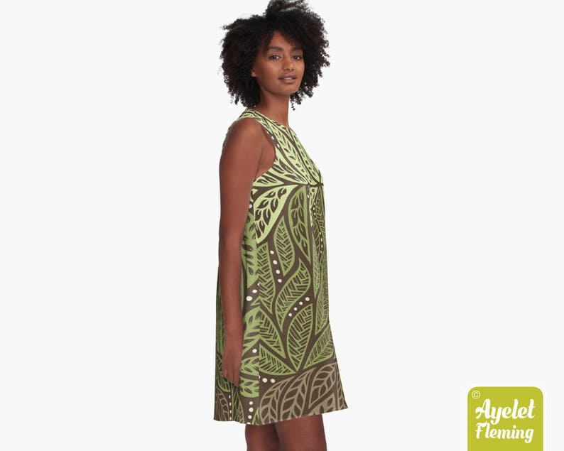 Hawaiian dress women Polynesian dress Green brown tiki dress Size XXS-4XL image 5