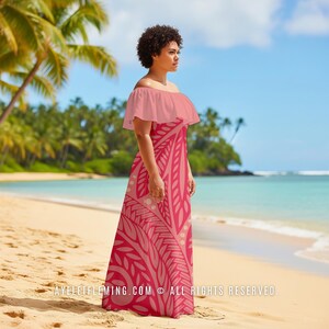 Floral Polynesian Off Shoulder Maxi Dress, Shades Of Pink Hula Dancing & Wedding Guest Long Outfit, Tropical Luau Party Attire for Women
