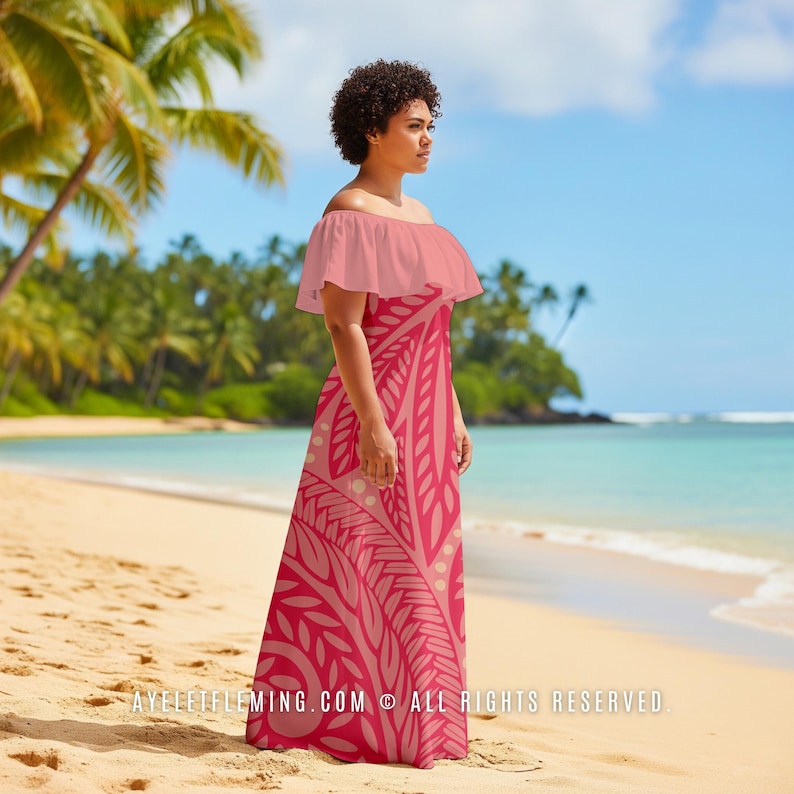 Floral Polynesian Off Shoulder Maxi Dress, Shades Of Pink Hula Dancing & Wedding Guest Long Outfit, Tropical Luau Party Attire for Women