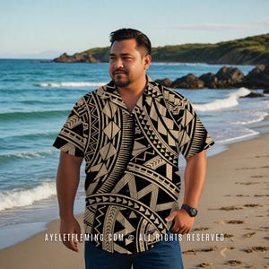 May include: A short-sleeved button-down shirt with a black and tan geometric pattern. The shirt has a classic collar and is worn by a person on a beach. The text "AYELETFLEMING.COM © ALL RIGHTS RESERVED" is printed at the bottom.