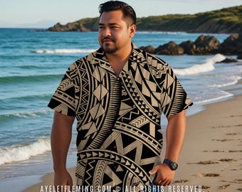 Men's Short Sleeve Button Down Hawaiian Tribal Tattoo Bowling Shirt, Black Tan Polynesian Outfit for Graduation, Weddings & Events