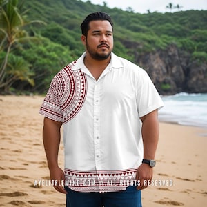 May include: A white button-down shirt with a red and white geometric pattern on the left side of the shirt. The pattern is a circle with triangles and lines. The shirt has short sleeves and a collar.