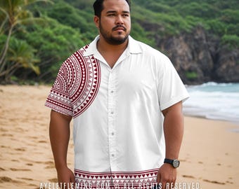 Samoan Tribal Men's Short Sleeve Button Down Bowling Shirt, White Burgundy Pacific Island Polynesian Wedding And Graduation Outfit