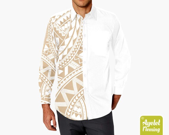 AyeletFleming Polynesian Shirt - Samoan Shirt Design on Sleeve - Hawaiian Shirt Men Button Down Shirt - White Red Long Sleeve Shirt - Size Xs-2xl