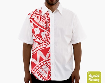 Polynesian shirt - Samoan shirt - Samoan shirt shirt - Hawaiian shirt men - Half red white button up shirt men - Size XS-5XL