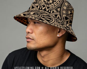 Custom Name Samoan Tattoo Bucket Hat, Black And Tan Polynesian Tribal Fishermen Hat For Men & Women, Pacific Island Geometric Vacation Gift