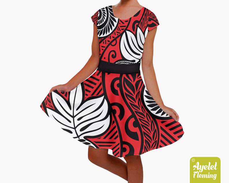 Girls hawaiian dress ulu Black red white short sleeve Samoan dress Polynesian dress