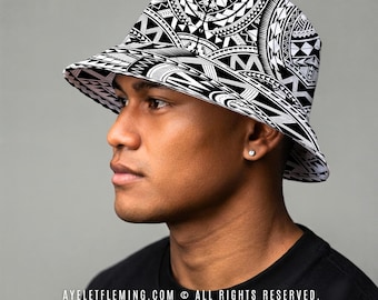 Custom Name Samoan Tattoo Bucket Hat, Black White Polynesian Tribal Fishermen Hat For Men & Women, Pacific Island Geometric Vacation Gift