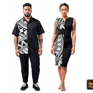 Polynesian shirt Polynesian dress couple outfit - Black white groomsmen shirt casual wedding dress