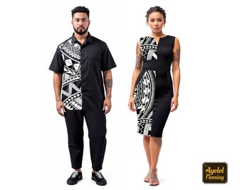 Polynesian shirt Polynesian dress couple outfit - Black white groomsmen shirt casual wedding dress