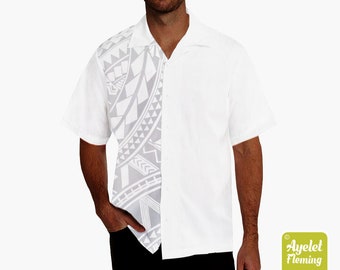 Hawaiian shirt men - Polynesian shirt - Samoan shirt - Half white light gray bowling shirt S-5XL