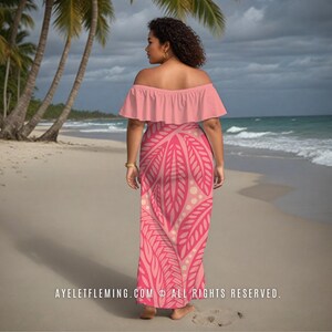 Floral Polynesian Off Shoulder Maxi Dress, Shades Of Pink Hula Dancing & Wedding Guest Long Outfit, Tropical Luau Party Attire for Women