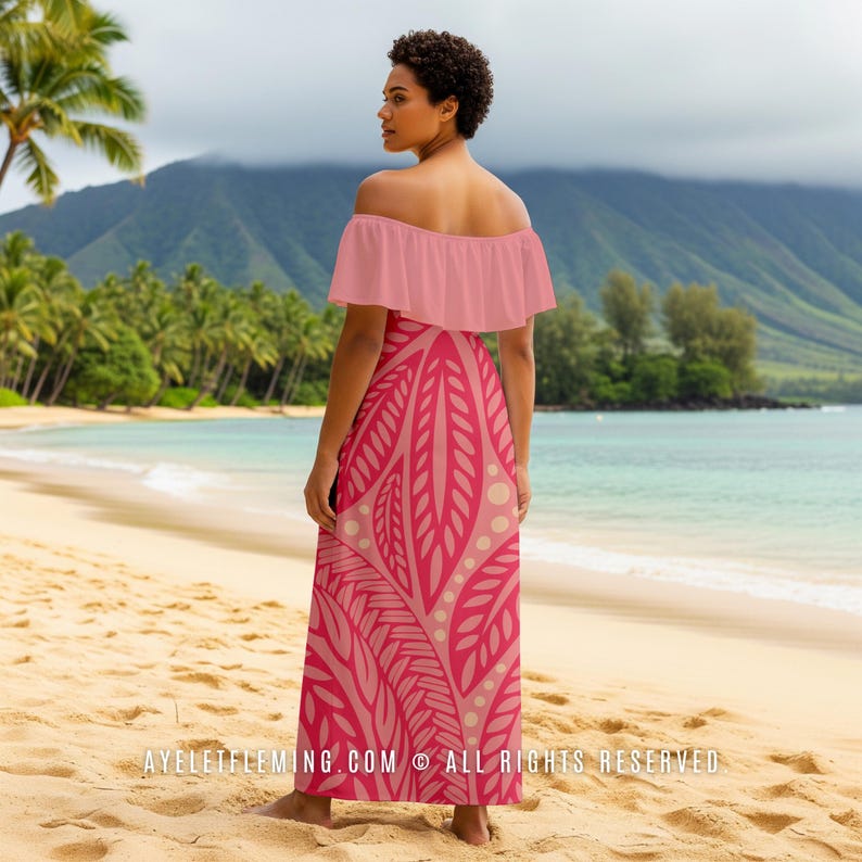 Floral Polynesian Off Shoulder Maxi Dress, Shades Of Pink Hula Dancing & Wedding Guest Long Outfit, Tropical Luau Party Attire for Women