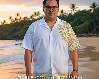 Samoan Tribal Short Sleeve Button Up Bowling Shirt For Men, Groomsmen Golden White Geometric Polynesian Tattoo Pacific Island Outfit