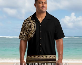 Custom Name Men's Short Sleeve Button Down Samoan Bowling Shirt, Black Tan Polynesian Tribal Pacific Island Weddings And Events Outfit