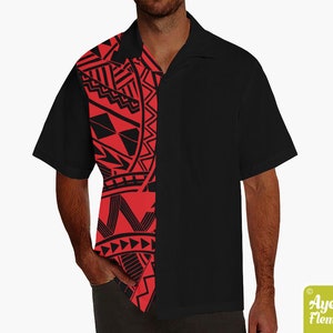 May include: A black and red short-sleeved button-up shirt with a Polynesian-inspired pattern on the left side. The pattern is in black and red and features geometric shapes.