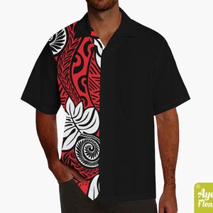 May include: A black and red Hawaiian shirt with a white floral pattern. The shirt has a button-up collar and short sleeves.
