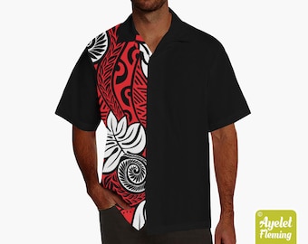 Hawaiian shirt men - Polynesian shirt - Samoan shirt - Half red black white ulu bowling shirt S-5XL