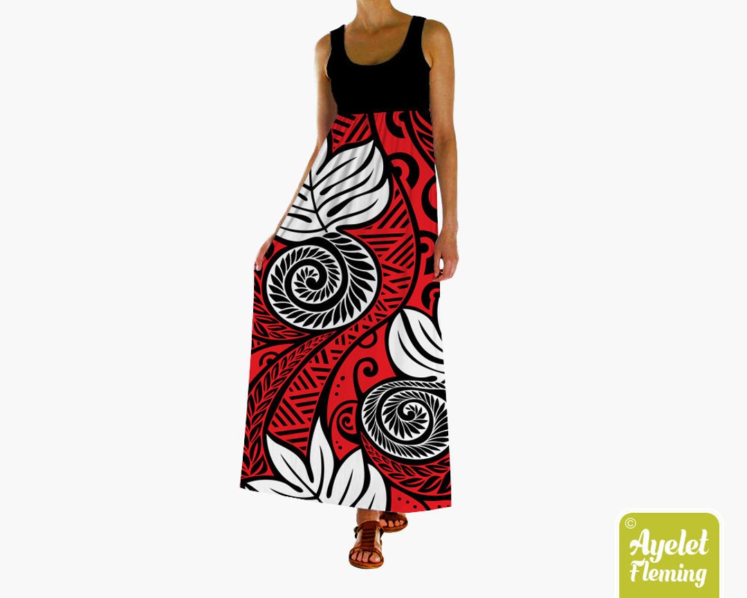 Hawaiian Dress Ulu Polynesian Dress Black Red White Empire Waist Hawaii