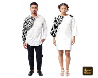 Polynesian tattoo couple outfit - Half black white Hawaiian dresses bell sleeve - Hawaiian shirt long sleeve