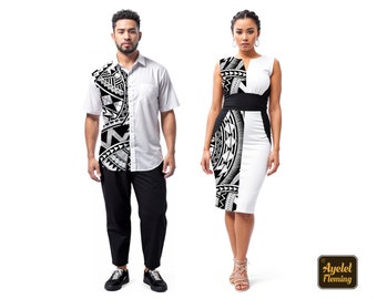 Couple outfit Polynesian shirt Polynesian dress - White black groomsmen shirt casual wedding dress