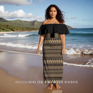 Polynesian Tattoo Off Shoulder Maxi Dress, Tan Black Hawaiian Hula Dancing & Wedding Guest Long Outfit, Tropical Luau Party Attire for Women