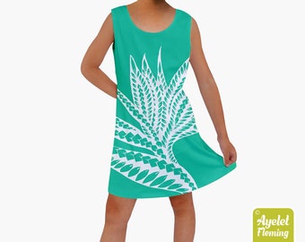 Polynesian dress - Girls hawaiian dress - Turquoise white bird of paradise floral sleeveless dress