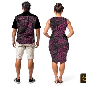 Couple outfit Samoan dress and Samoan shirt Black pink gradient groomsmen shirt and casual wedding dress image 2