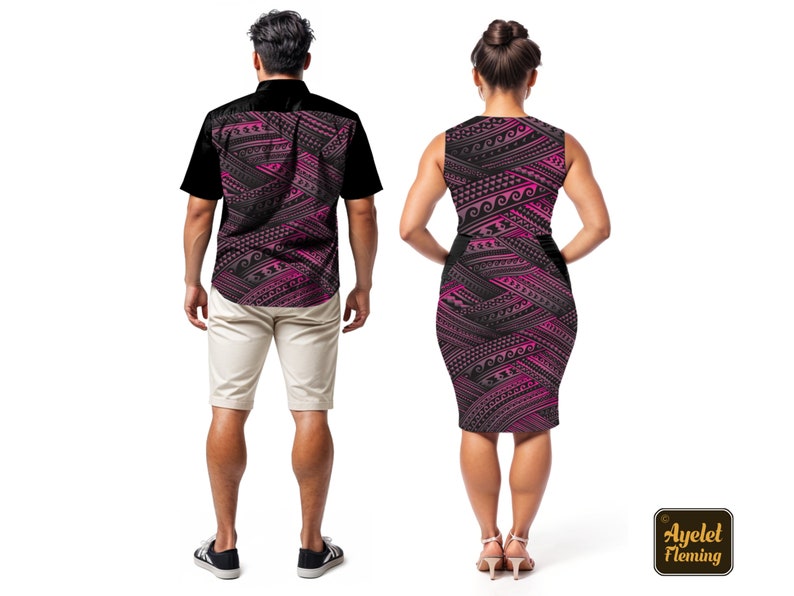 Couple outfit Samoan dress and Samoan shirt Black pink gradient groomsmen shirt and casual wedding dress image 2