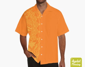 Hawaiian shirt men - Polynesian shirt - Samoan shirt - Half orange light orange bowling shirt S-5XL