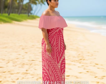 Floral Polynesian Off Shoulder Maxi Dress, Shades Of Pink Hula Dancing & Wedding Guest Long Outfit, Tropical Luau Party Attire for Women