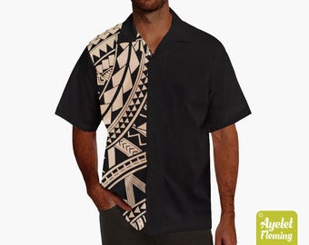 Hawaiian shirt men - Polynesian shirt - Samoan shirt - Half black tan bowling shirt S-5XL