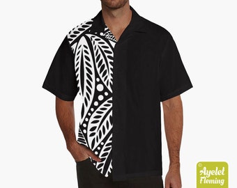 Hawaiian shirt men - Polynesian tattoo shirt - Half black white floral bowling shirt S-5XL