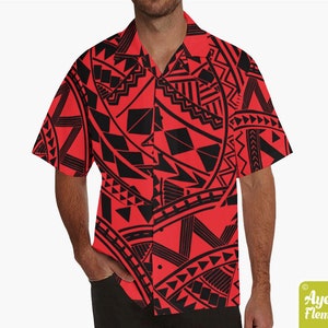 May include: A red short-sleeved button-down shirt with a black geometric pattern. The pattern is reminiscent of Polynesian tribal art.