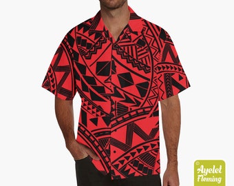 Hawaiian shirt men - Polynesian shirt - Samoan shirt - Red black tribal bowling shirt S-5XL