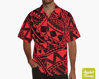 Hawaiian shirt men - Polynesian shirt - Samoan shirt - Red black tribal bowling shirt S-5XL