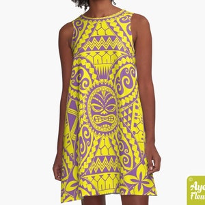 Polynesian dress - Hawaiian dress women - Purple yellow tiki dress - Size XXS-4XL