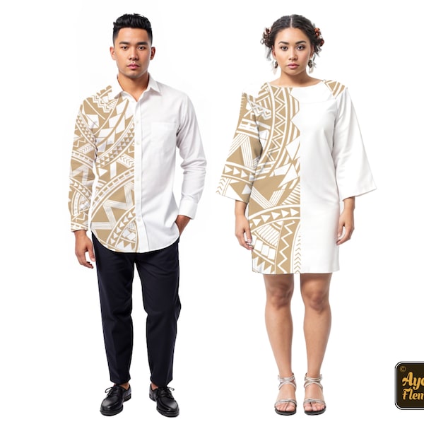 Couple outfit Hawaiian dresses and shirts - White tan bell sleeve casual wedding dress & long sleeve shirt