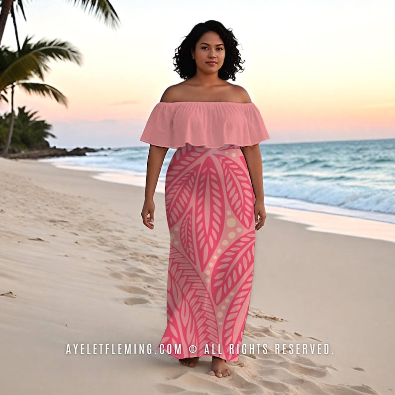 Floral Polynesian Off Shoulder Maxi Dress, Shades Of Pink Hula Dancing & Wedding Guest Long Outfit, Tropical Luau Party Attire for Women