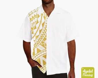 Hawaiian shirt men - Polynesian shirt - Samoan shirt - Half white golden bowling shirt S-5XL