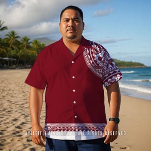 Samoan Tribal Kurzarm-Taste Unten Best Men Bowling-Hemd, Burgund Weiß polynesischen Outfit für Hochzeiten und Veranstaltungen
