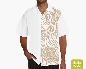 Hawaiian shirt men - Polynesian shirt - Samoan shirt - Half tan white ulu bowling shirt S-5XL