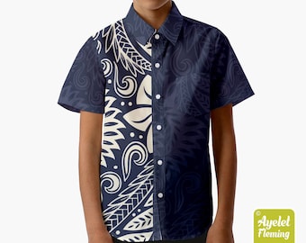 Polynesian shirt - Samoan shirt - Father son matching Hawaiian shirt - Dark navy blue off white button up shirt men - Size XS-5XL